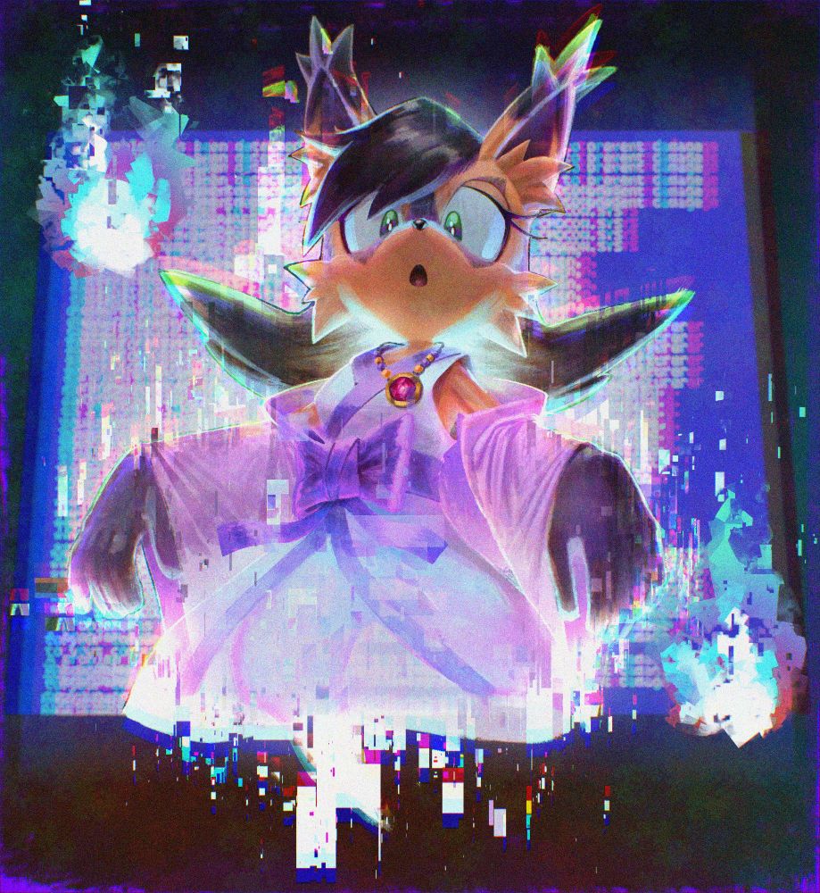 A redesigned Nicole The Holo-Lynx, standing in front of a blue screen of death