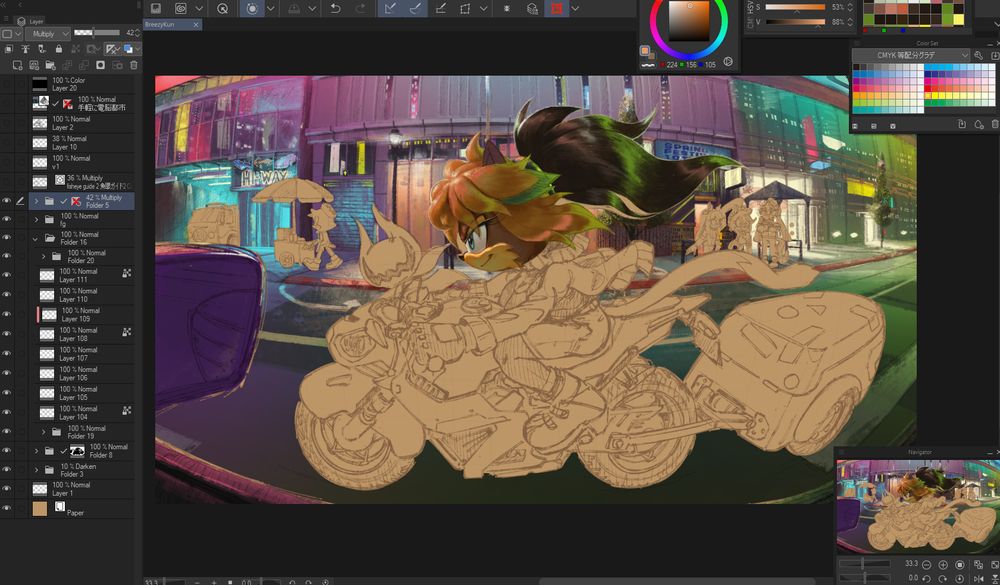 Still a work in progress art of a busy city in the evening as a character in the foreground quickly passes a nearby car (the viewers pov). Some parts are already been painted compared to the last update