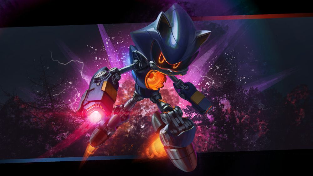 Metal Sonic from the Sonic 3 movie. Coming at the viewer full thrusters and with the arm blaster fully charged while the background is exploding