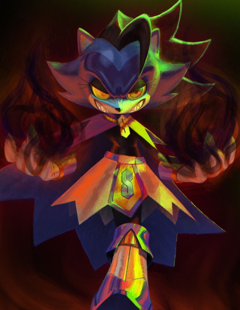 Skyte looking at the viewer with dark flames in hand thinking the most vile ways to end their subscription to the corporeal realm