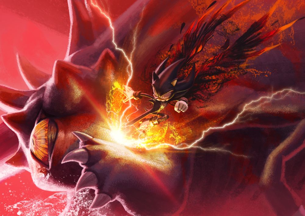 It is a scene from Sonic X Shadow Generations' final battle for Shadow the Hedgehog's story. It shows Shadow the Hedgehog with his Doom Wings and at full power descending down from above hitting Black Doom with a Flying side-kick striking him in the face as the kick emits a bright light and sparks of electricity showing how powerful the kick is