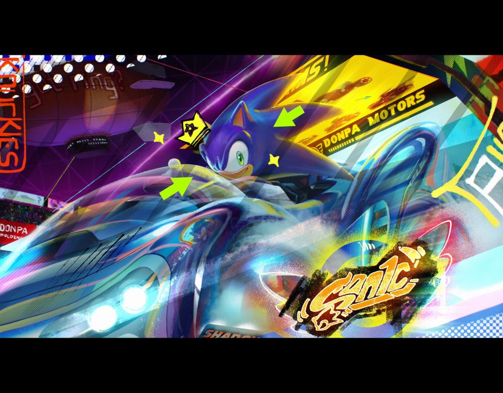 Sonic driving and doing a powerslide on E-Circuit in Sonic Racing Crossworlds