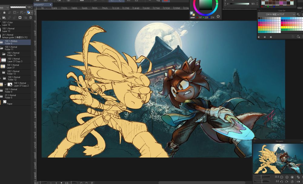 A sketch of two characters both parrying their attacks in the middle of a lake with a temple overlooking behind both of them. Now almost all in color
