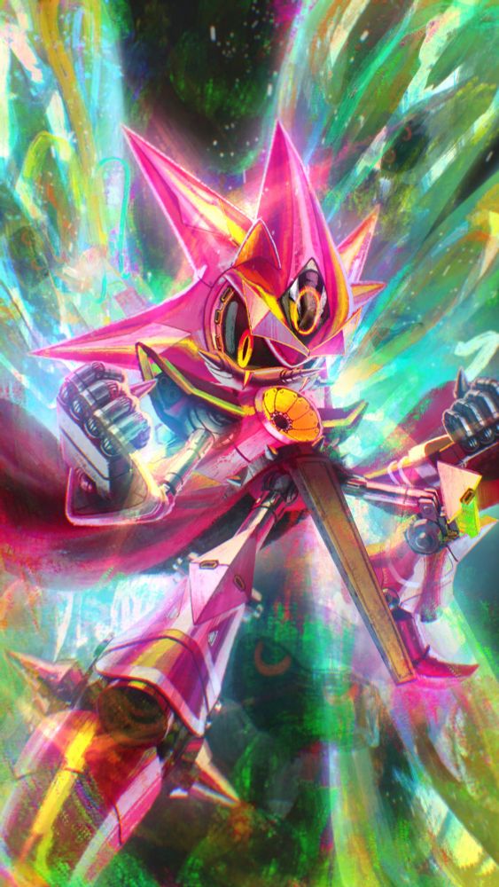 An alternate reimagining of super neo metal sonic, powering up while behind them is a glowing patch of light that resembles a pair of wings. It's pure eye candy