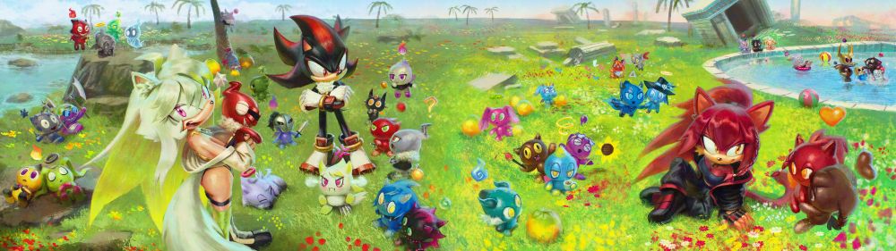 A wide shot of 2 sonic fancharacters (both cats, ones in lime and white, the other has a red color palette) and Shadow the Hedgehog hanging out in a chao garden and taking care of the chao living there
