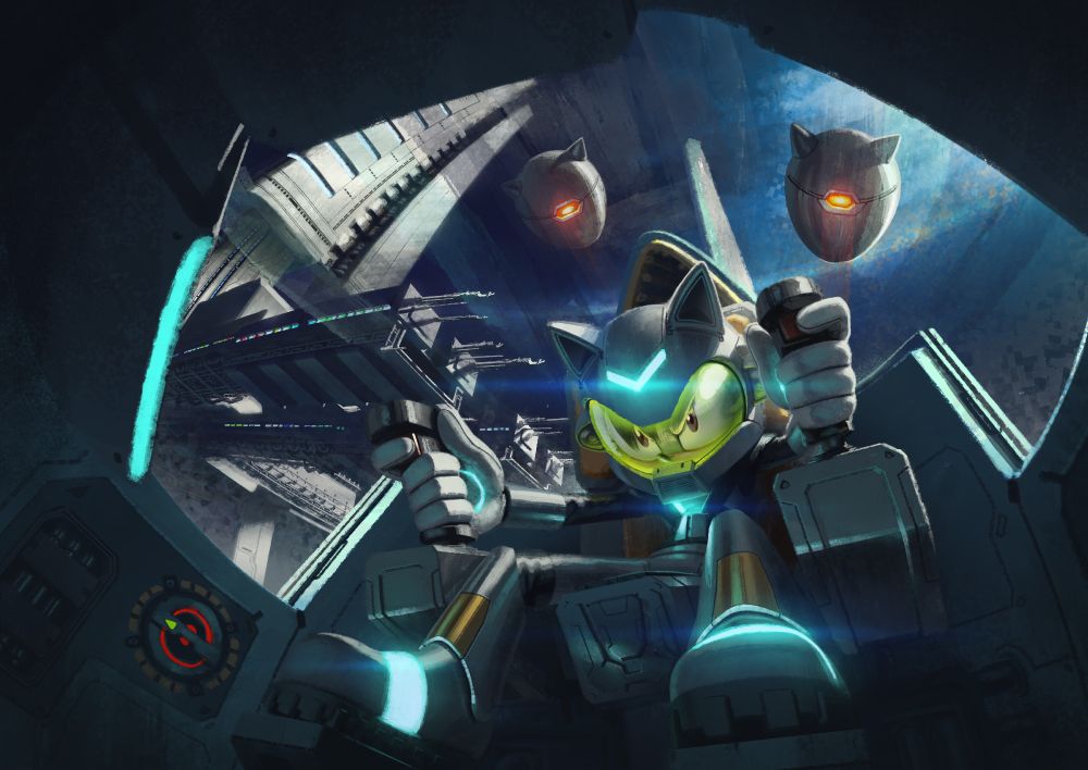 🎨 A painting of Noah (@/Sapphire1X7's sonic fc/oc on twitter) piloting a space fighter while evading two enemies tailing behind them as they pass a space station