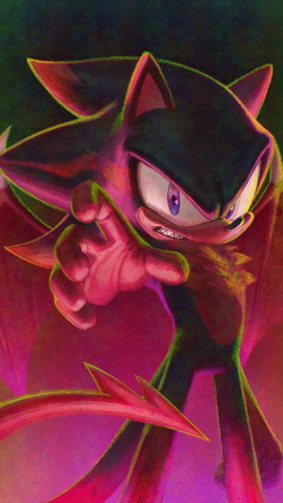 A hedgehog / demon sonic fan character stanced up threateningly reaching out to the viewer 