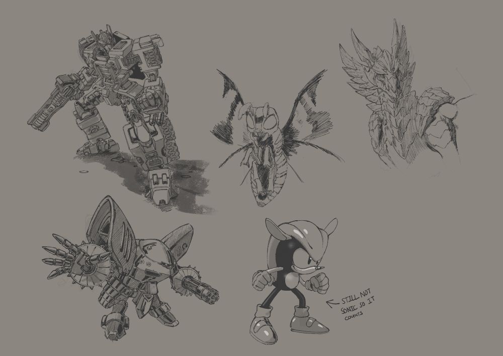 A group of sketches featuring Optimus Prime in his Armada Design, Mothra, Primordial Malzeno from Monster Hunter Rise, E-123 Omega but made from mobile suit parts from Gundam Breaker, and Mighty the Armadillo (Technically still not Sonic the Hedgehog, so he counts)