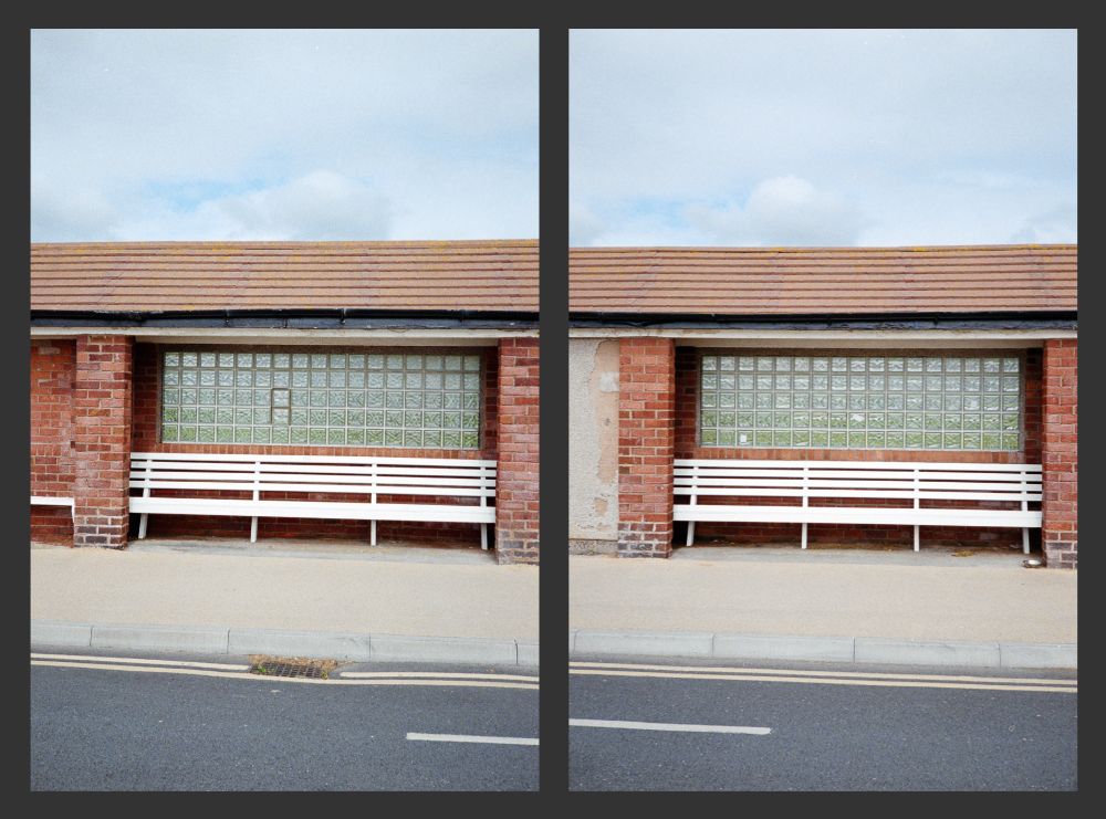 Two photos side by side showing two seaside benches set into a wall on a promenade. 
