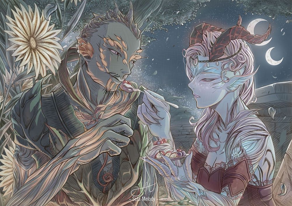 Akoni and Canach having a small dinner picnic, with Akoni blushing heavily as she holds out a spoonful of the omnomberry pavlova in hand