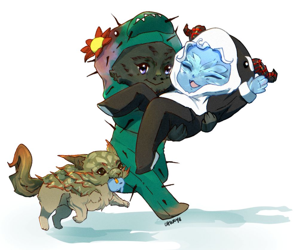 Artwork of chibi Canach carrying Akoni (Sylvari from guild wars 2) in choya and quaggan onesies while Fluffkie runs alongside them with her little plushie duck in her mouth. Artwork by Churyu