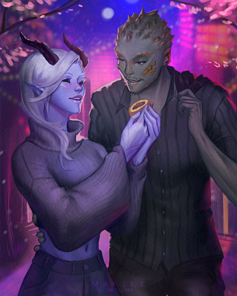 Akoni (blue sylvari) is offering Canach (green sylvari) a bite of her bungeoppang (a fish-shaped korean pastry with red bean filling) while he's looking at her fondly. The backdrop is of New Kaineng at night.