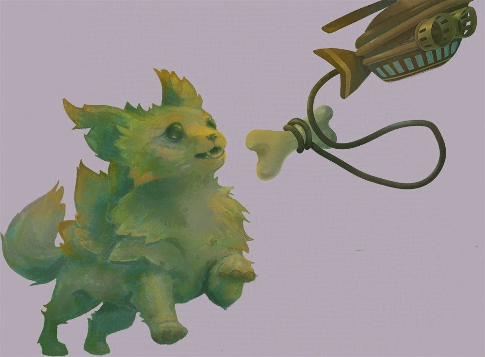 Fluffkie, a green and orange nightmare hound puppy, chasing after a gyro that has a bone tied to it. She's ignoring the treat however and excitedly is looking at the gyro instead.