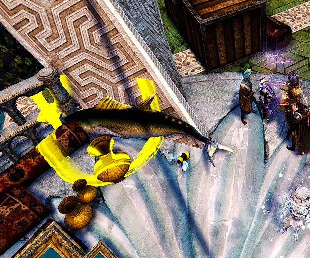 Screenshot of a neutral mob (tuna) out of water in Lily of the Elon by the bank/trading post