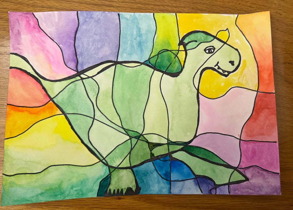 A hand drawn cartoonish dinosaur is in the center of a page. The page has wavy lines intersecting horizontally and vertically that were created by pushing a penny with a permanent marker. The dinosaur is painted in segmented shades of green and the background is segmented and painted in rainbow order.