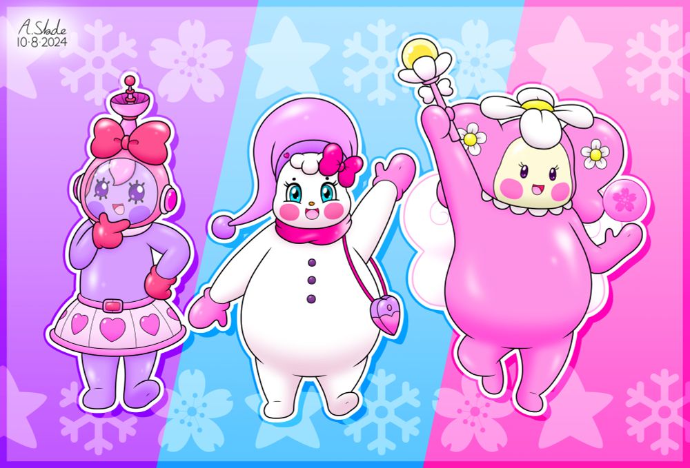 There's Cindy the Snowgirl, always kind and friendly; Mimoko the Flower Fairy, who knows all kinds of magic spells; and Mala the Alien, the expert from another planet.

いつも優しくてフレンドリーな雪の少女シンディ、あらゆる種類の魔法の呪文を知っている花の妖精ミモコ、そして別の惑星から来た専門家である紫色の宇宙人マーラがいます。