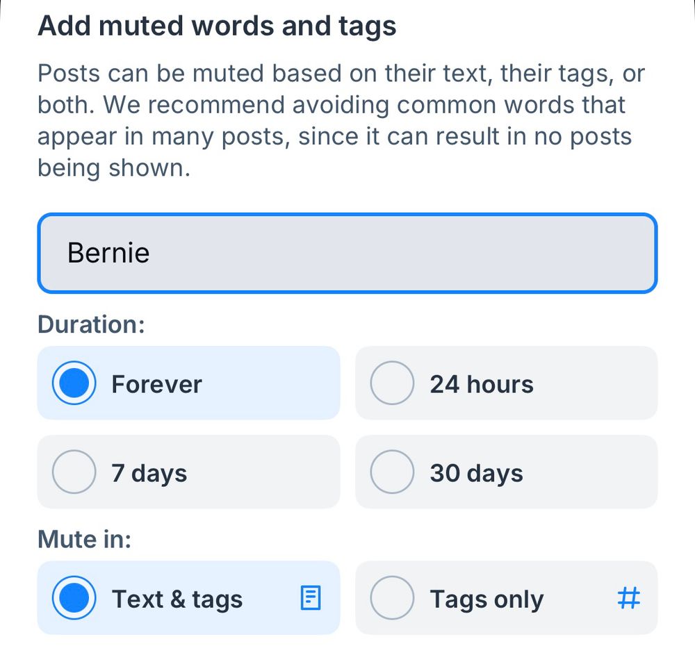 Screenshot of a bluesky mute screen with the word Bernie muted forever