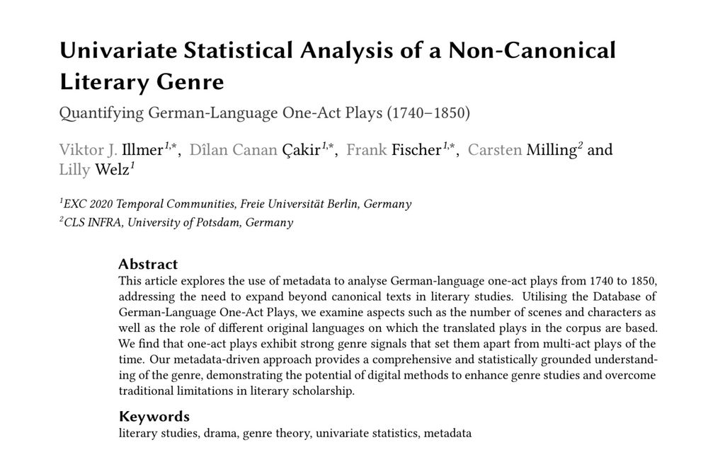 Screenshot of abstract: “Univariate Statistical Analysis of a Non-Canonical Literary Genre. Quantifying German-Language One-Act Plays (1740–1850)”