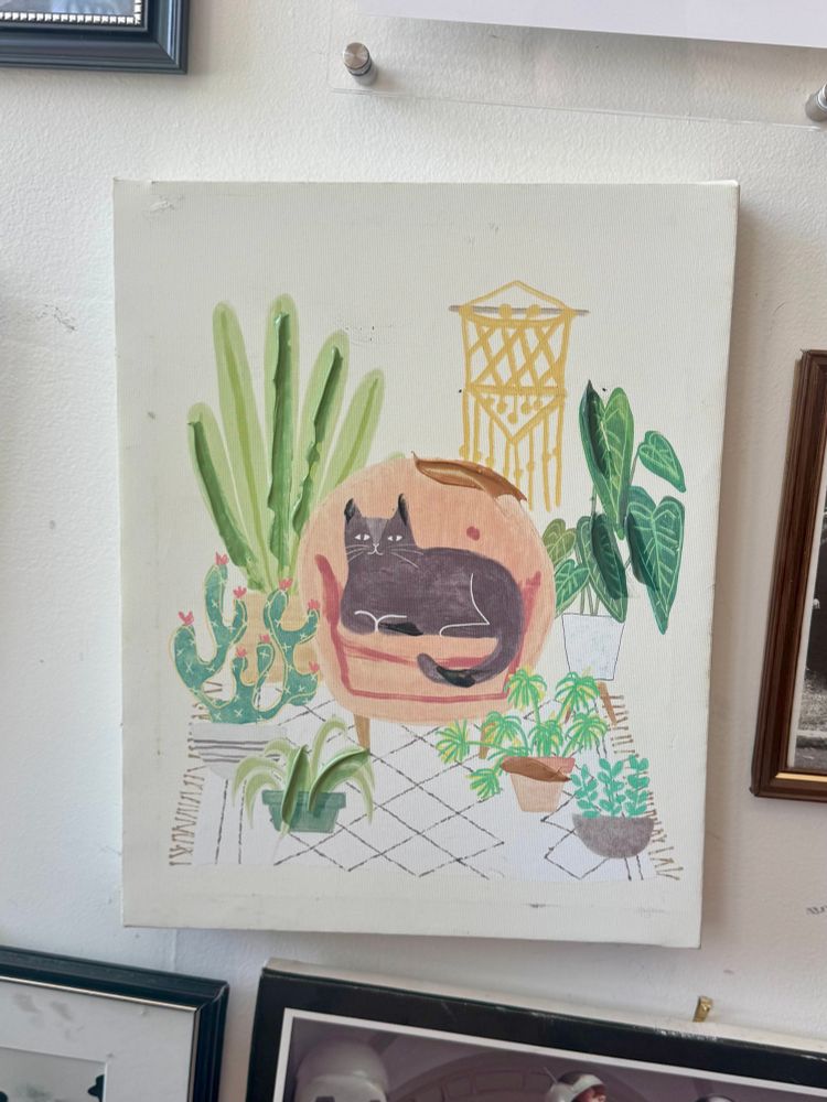 Color drawing of cat sitting on chair surrounded by houseplants it hasn’t eaten.  