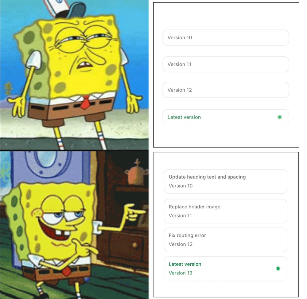 Spongebob meme showing the difference between the previous and new way Figma Make will name your versions. 