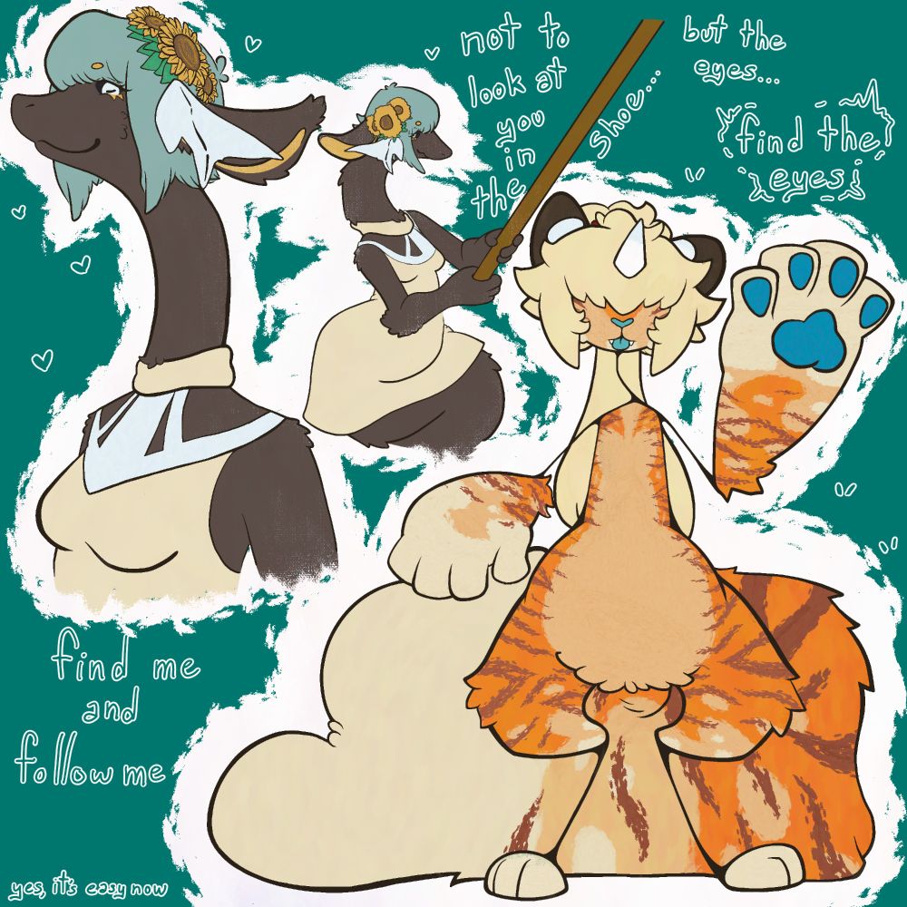 long, noodle dragon named udon as a bust and guiding it's mount with a treat on a fishing pole. a sort of odd shaped ghost loiters in the corner. surrounding them is the text "not to look you in the shoe..." "but the eyes..." "find the eyes" "find me and follow me" and "yes, it's easy now"