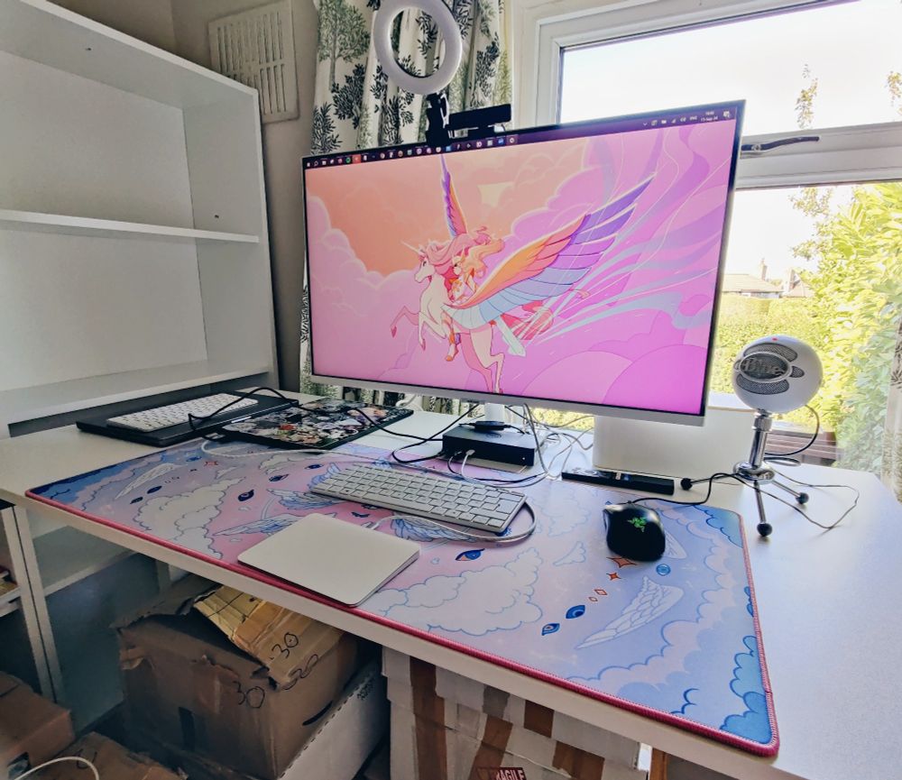 White desk at a standing height positioned next to empty white bookshelves and a window. On top of the desk is a computer screen with a pink desktop wallpaper of She-Ra riding a Pegasus, as well as a pink deskmat with an illustration of angel wings, eyes, and pink and blue skies. Various other devices such as laptops, mouse, keyboard and mic are also on top of the desk.
