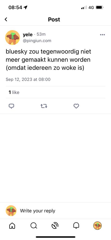 bluesky post van mij met “bluesky zou tegenwoordig niet meer gemaakt kunnen worden (omdat iedereen zo woke is)” met 1 like