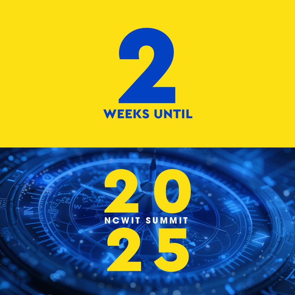 Social media design in yellow, blue, and red featuring a nautical compass and text: "2 Weeks Until the 2025 NCWIT Summit!" 