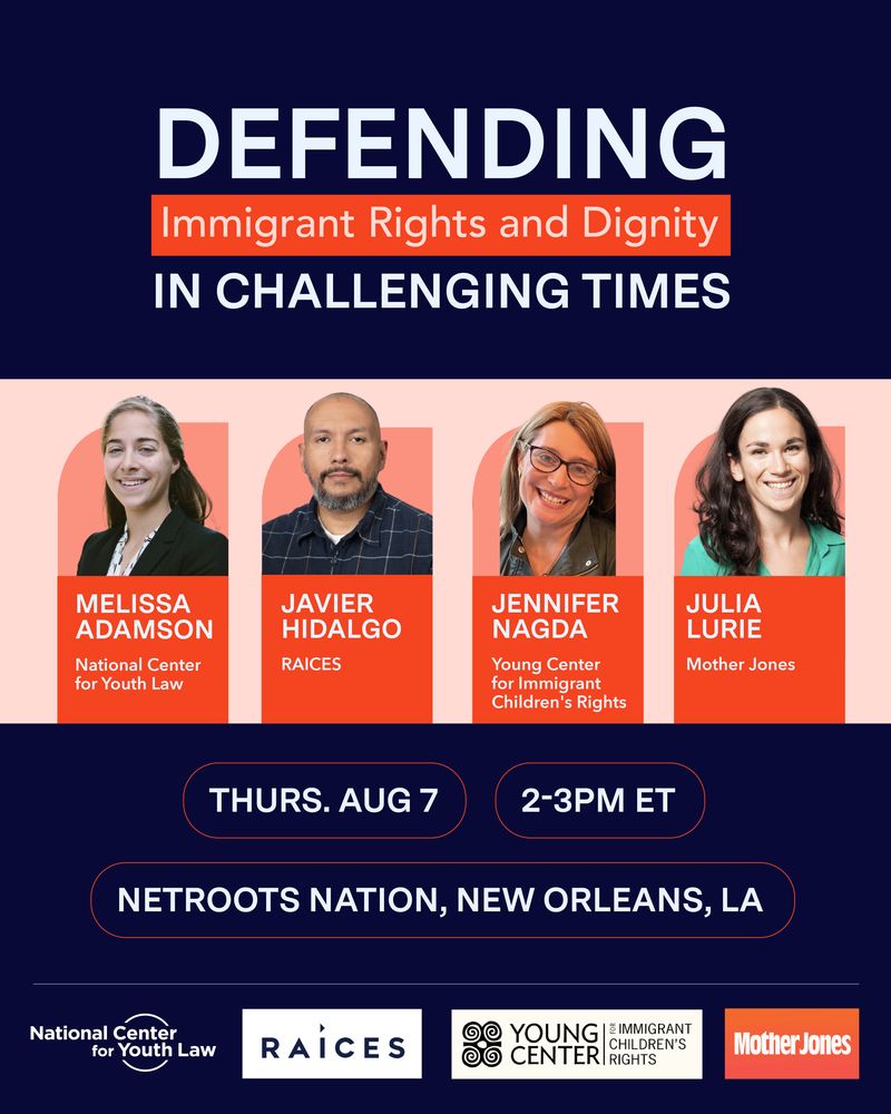 Alt Text: Defending Immigrant Rights & Dignity in Challenging Times
Thursday, August 7
2-3PM ET
Netroots Nation, New Orleans, LA

Melissa Adamson
National Center for Youth

Javier Hildago
Raices

Jennifer Nagda
Youth Center for Immigrant Children's Rights

Julia Lurie
Mother Jones