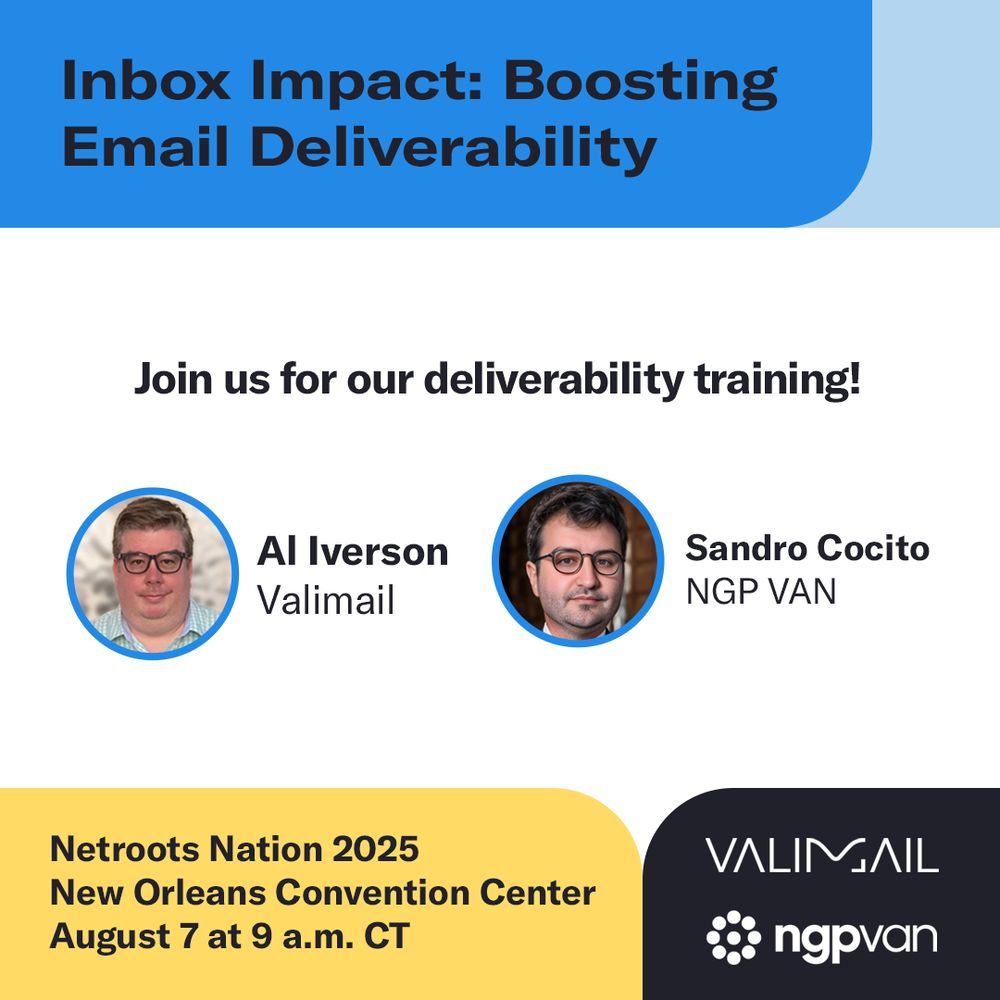 Promotional graphic for "Inbox Impact: Boosting Email Deliverability" training featuring speakers Al Iverson from Valimail and Sandro Cocito from NGP VAN. Event scheduled at Netroots 