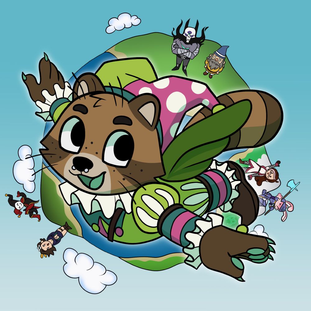 Fanart of Gilbert (padabana) from Royal Royale. They are flying over a planet in a pose referencing the Mario 64 art. Around them are Lord Kleptonox (skullvolver), Robbydude, SophieBaybey, Babble (snapcube), Elspeth (elliespectacular), and DukeOfAsh's jester character.