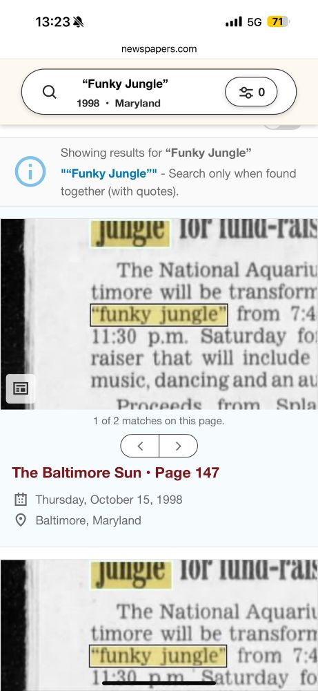 Search results for “Funky Jungle” in Maryland newspapers that were published in 1998, accessed via Newspapers.com.
