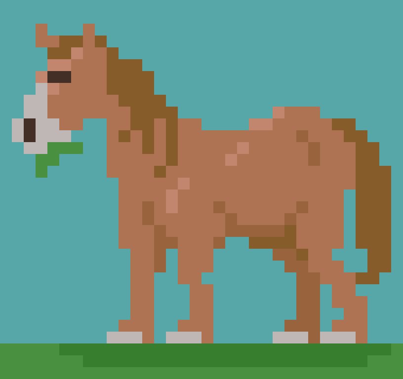 Pixel art of a light brown horse munching on some grass.