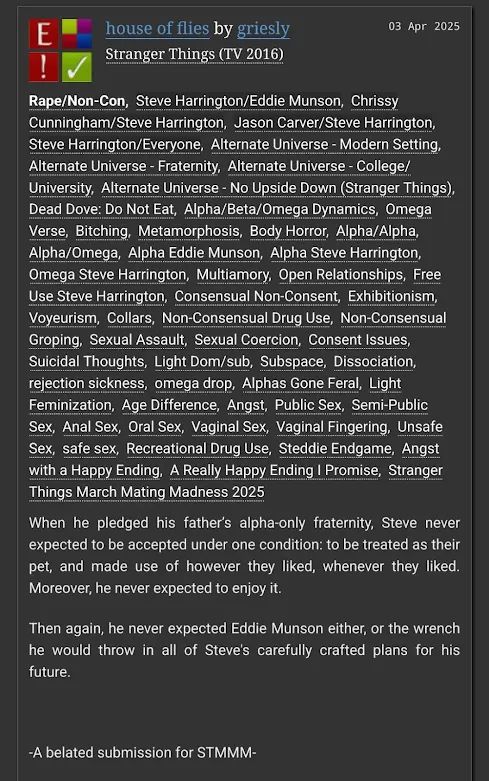 tags + summary for the steddie fic "house of flies" by griesly