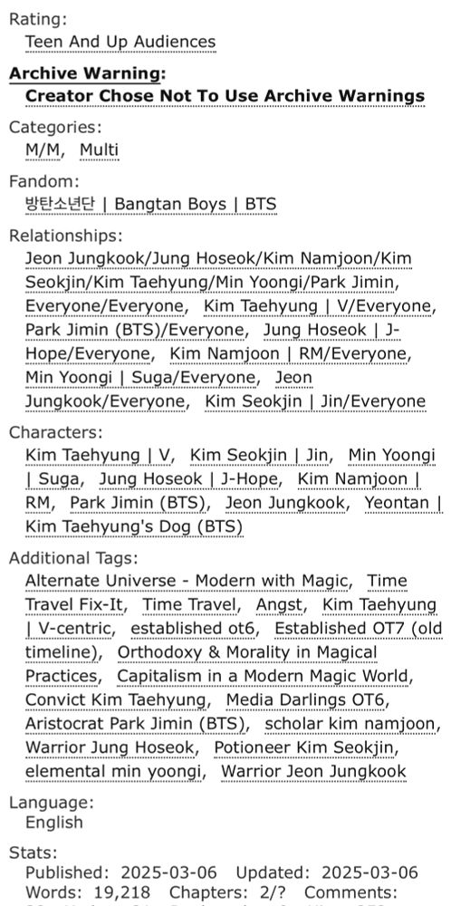 Screenshot from AO3: The tags for the story in detail. You can use the link on the tweet to access the page directly for better readability. 