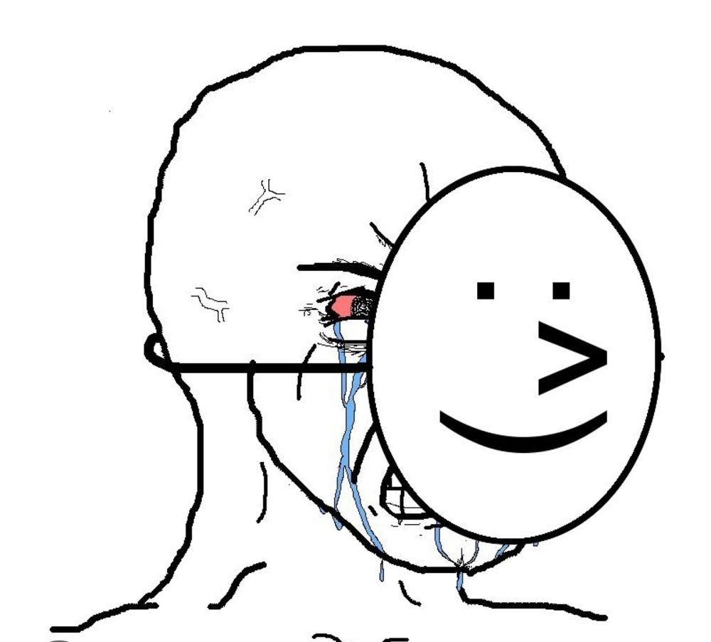 Meme oldschool d'une personne qui porte un masque souriant mais qui est en colère et pleure derrière 