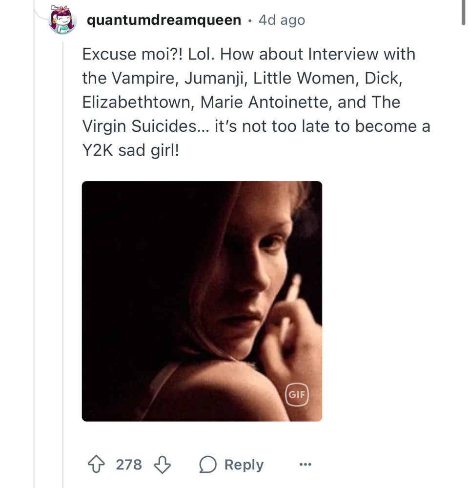 a screenshot of reddit user Quantumdreamqueen listing key Kirsten Dunst movies and stating "it's not too late to become a Y2K sad girl!"