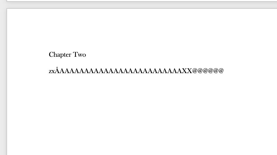 a screenshot of a Word document which says "Chapter Two" and underneath a string of letters and several @ symbols. 