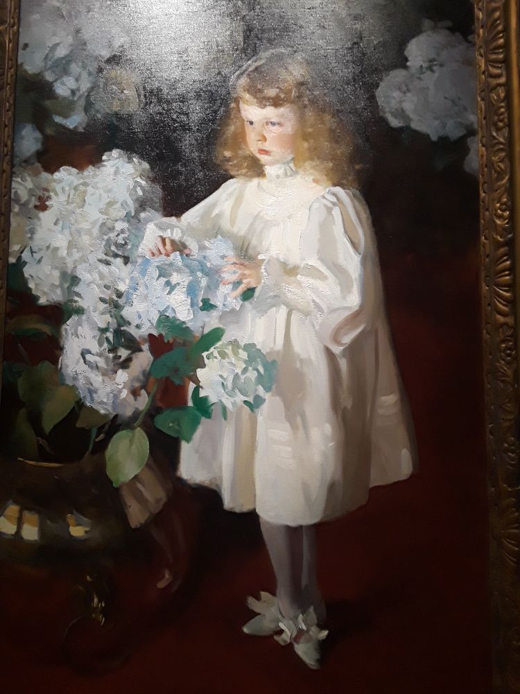 a photo of a painting of a young girl surrounded by hydrangeas
