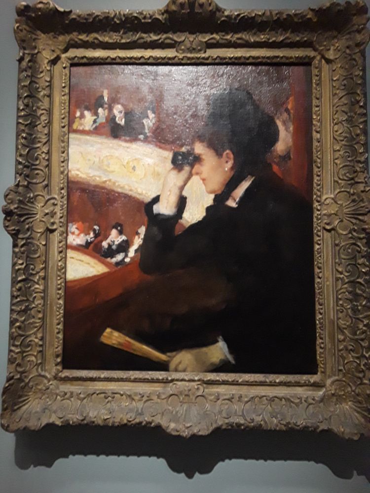 A photo of a painting of a woman using binoculars at a theater performance. 
