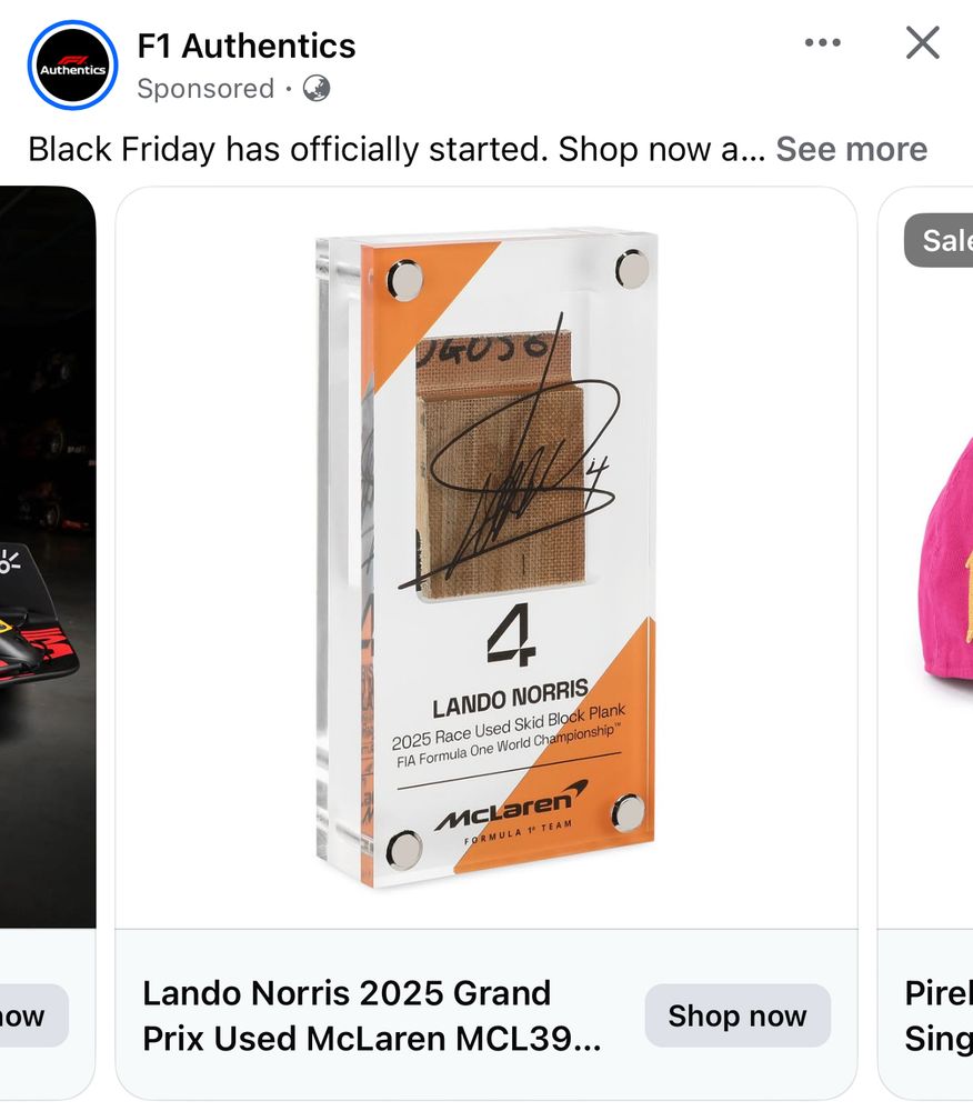 facebook ad from f1 authentics showing for sale a race used piece of Lando Norris’s skid block
