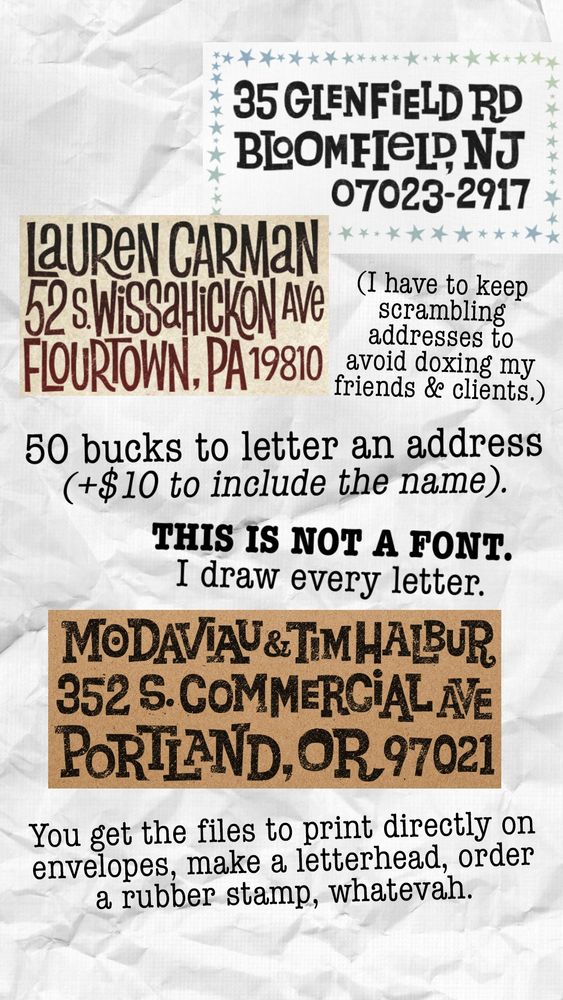 hand-lettered address $50