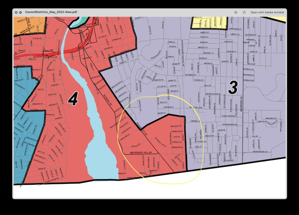 Part of a map of the council districts on Pawtucket's website. A large area between Prospect St and George R. Bennett Highway, circled, is in District 4 on the map.