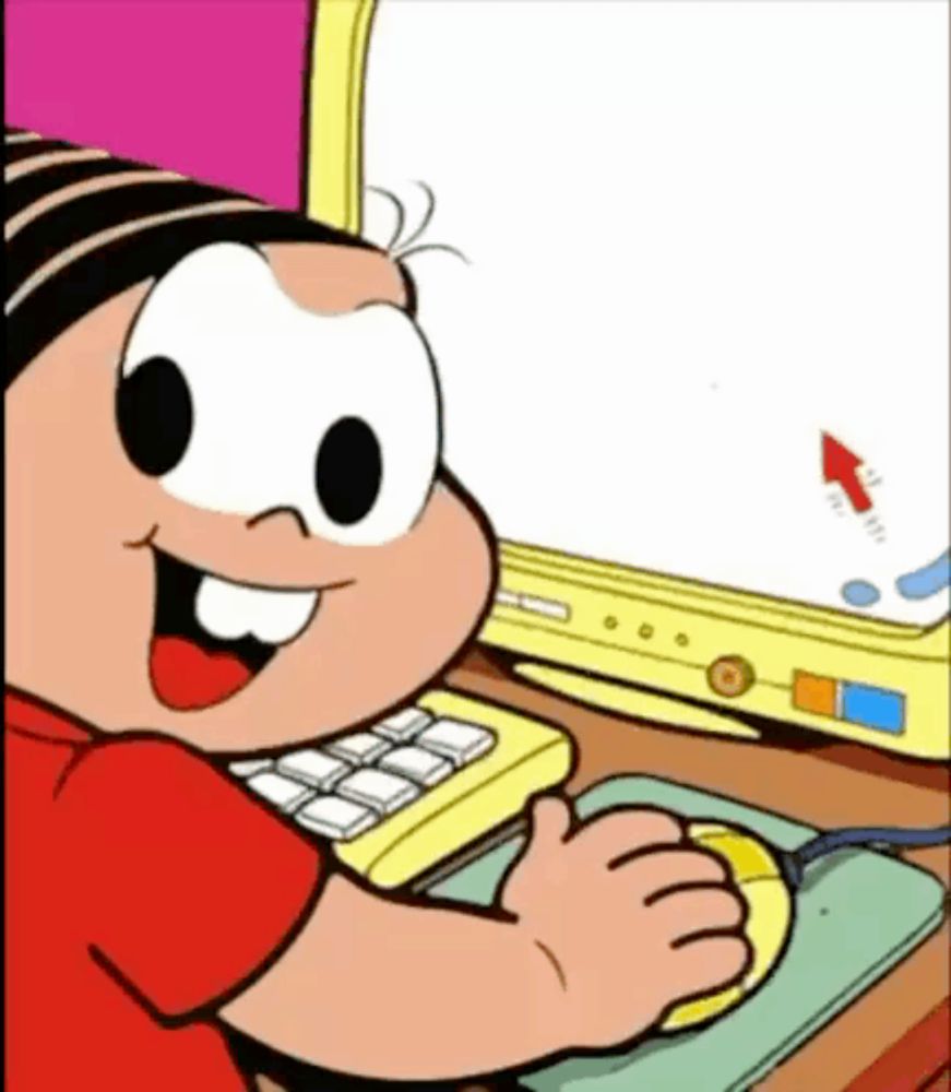 a smiling cartoon character is typing on a computer