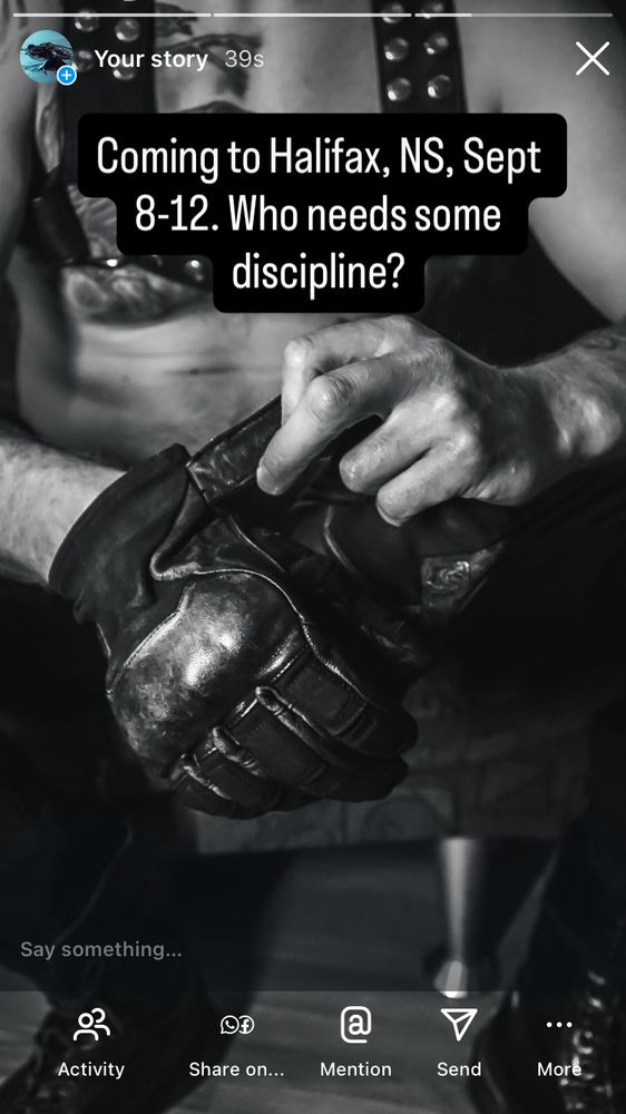 Screenshot from IG story, Master Wolfe’s hands clad in leather gloves. Text describes a tour to Nova Scotia.