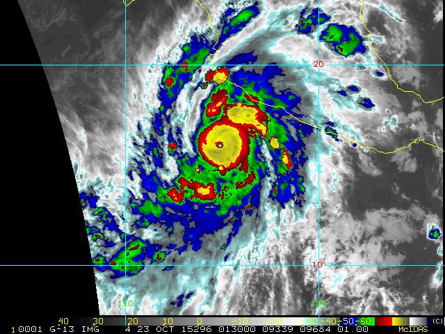 Infrared satellite imagery of Hurricane Patricia as a category five storm near the southwestern coast of Mexico on October 23, 2015