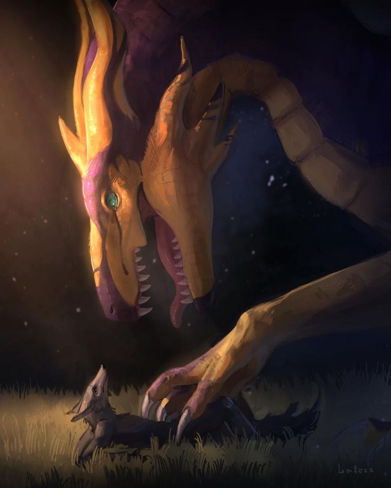 A digital image of the black and gold dragon Tahiru, created by @fur-lafess.bsky.social as a commission for me, and appearing here with the kind permission of the artist.

The image shows Tahiru in profile, his left side to the viewer, his head, neck and left forepaw visible. He has pinned a (much smaller) werewolf to the ground under his claws. His jaws are open, displaying wickedly pointy teeth. His expression is one of cruel wrath.