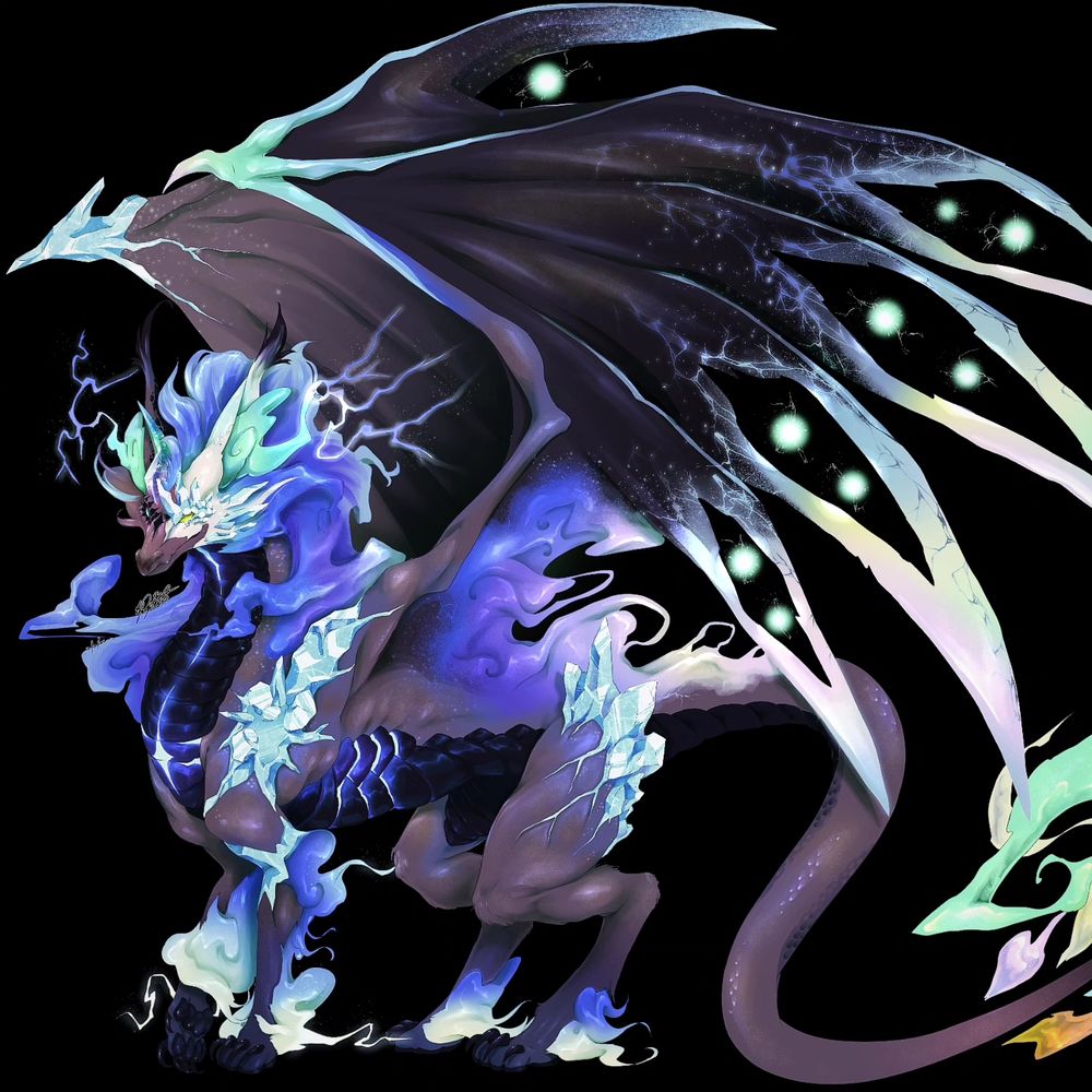 A quadruped purple winged dragon with european species framing stands with wings upright, crystal growths covering their face shoulder back wing tip and hind quarters as their fur turns into wispy spoke on their ankles and mane, going down their back and into the wings a bit. They have holes in the frontmost wing with powerful orbs of magic floating inside of them. Their tail has 5 stems of flowing colorful fire magic coming off of it. They have a black underbelly going up to their chin, and a glowing star marking on the center of their chest, trailing up the neck and into the rib scaling