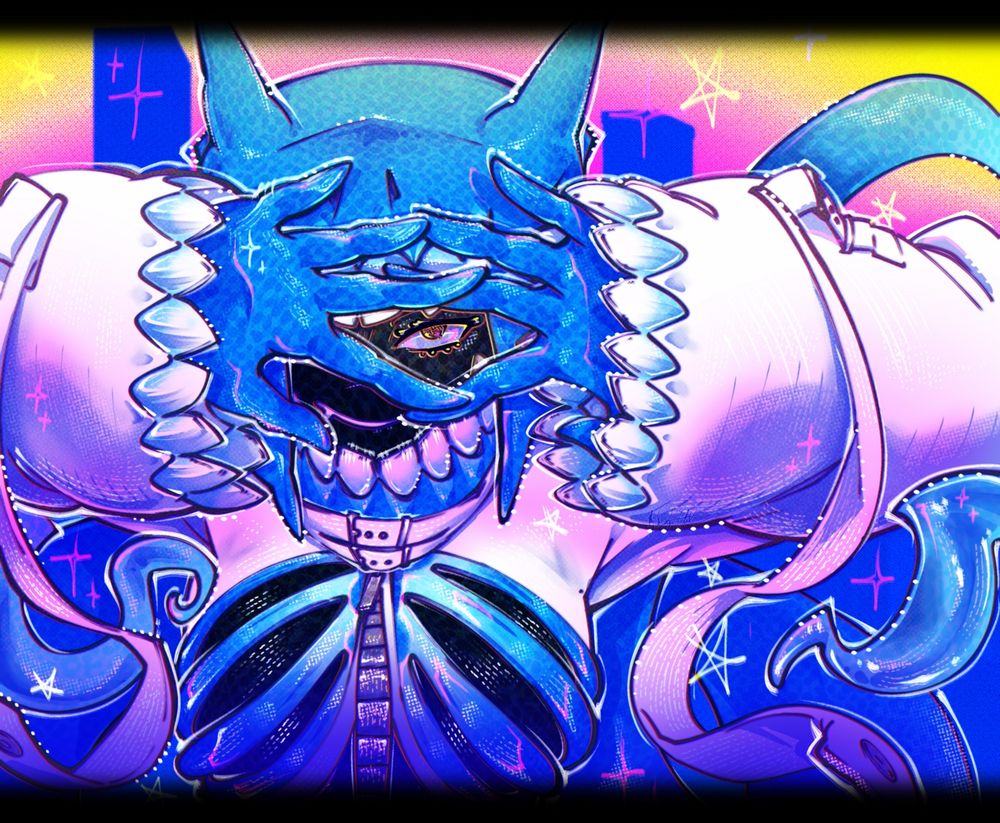 A humanoid gummy shark character looks at the camera through their fingers framed in colorful shadows and textures