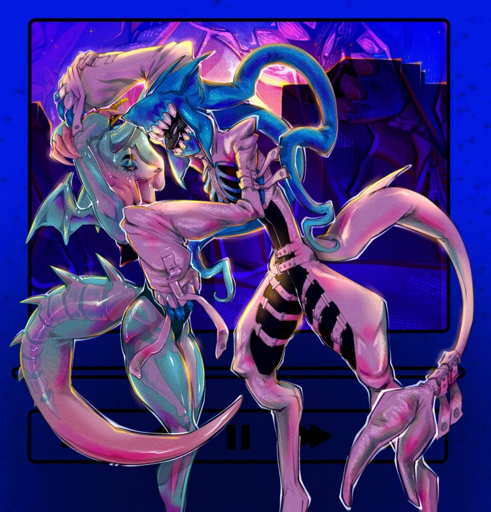 Two bipedal gummy humanoid creatures (left dragon like and the right shark like) stand together as the shark one leans towards the other with its arms raised matched with a drooling smile. The dragon has her hands up over her head and doesnt seem impressed